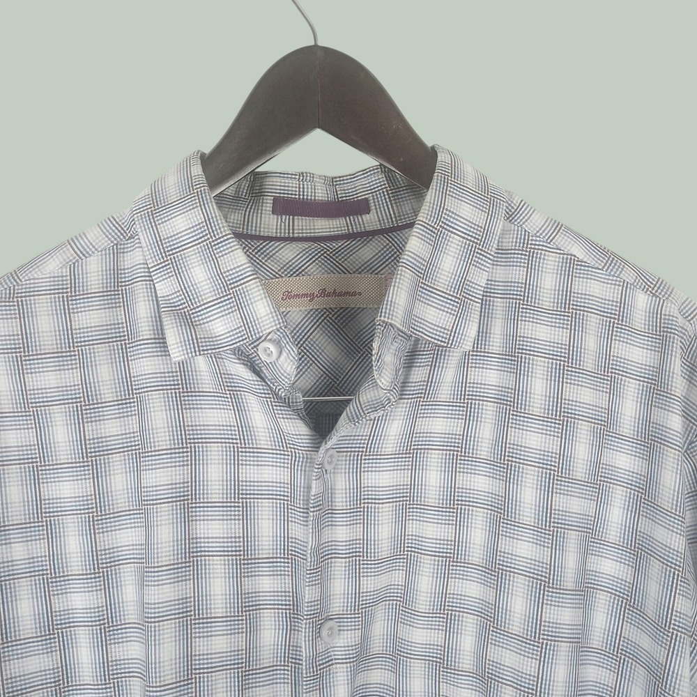 Tommy‎ Bahama Button Down Shirt Mens Large Blue Plaid Cotton Silk Long Sleeve